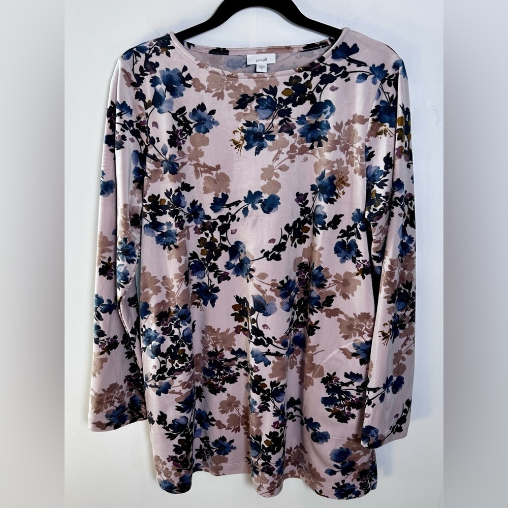 Pure Jill Velour Tunic Top Pink Blue Floral Pockets Soft Feminine Boho Size M